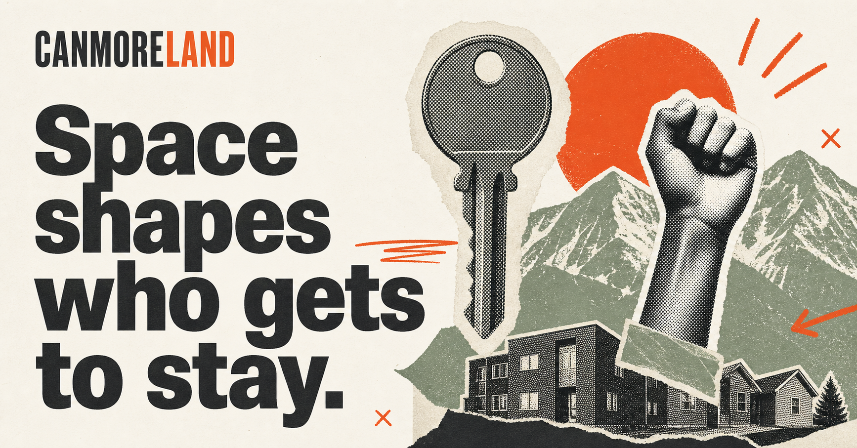 Canmoreland collage of a key, raised fist, homes, and Rocky Mountains